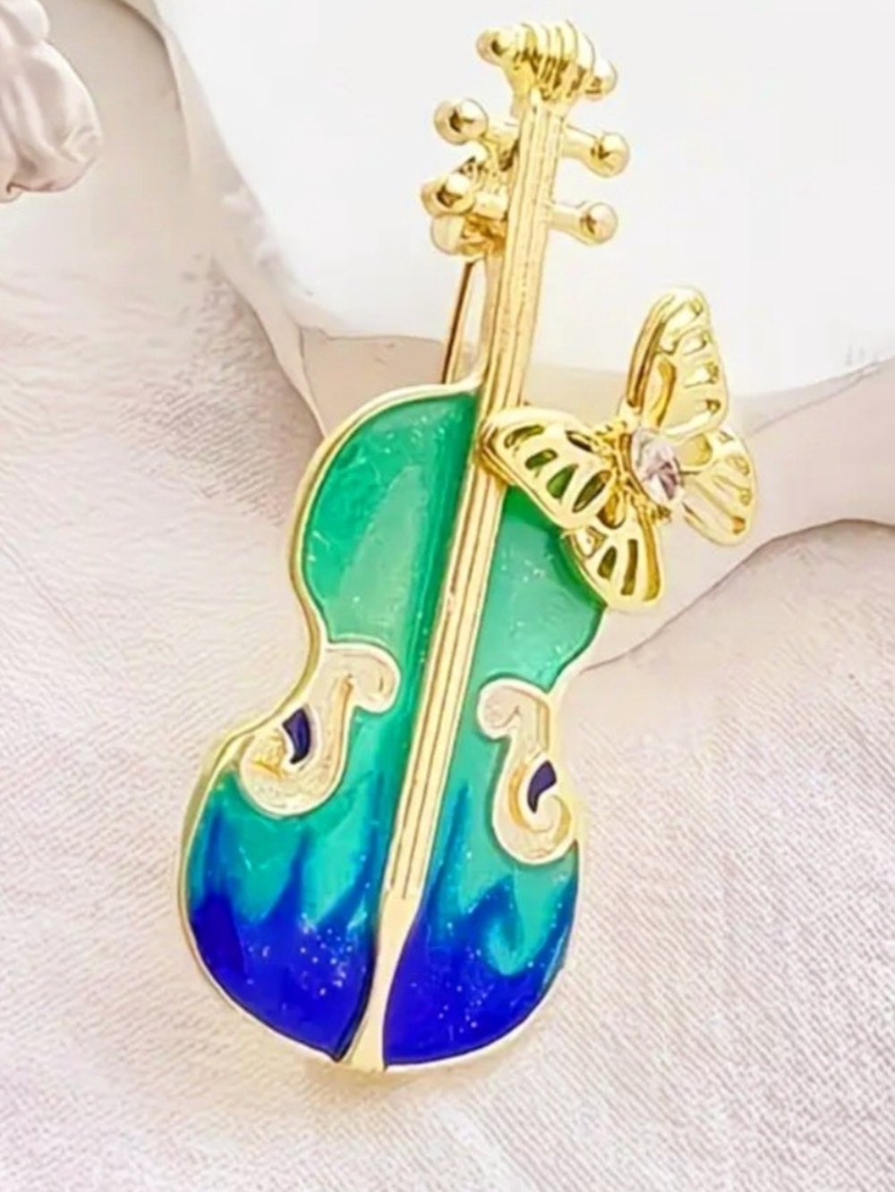 Gold Tone Violin Brooch with Green & Blue Enamel and Butterfly Accent